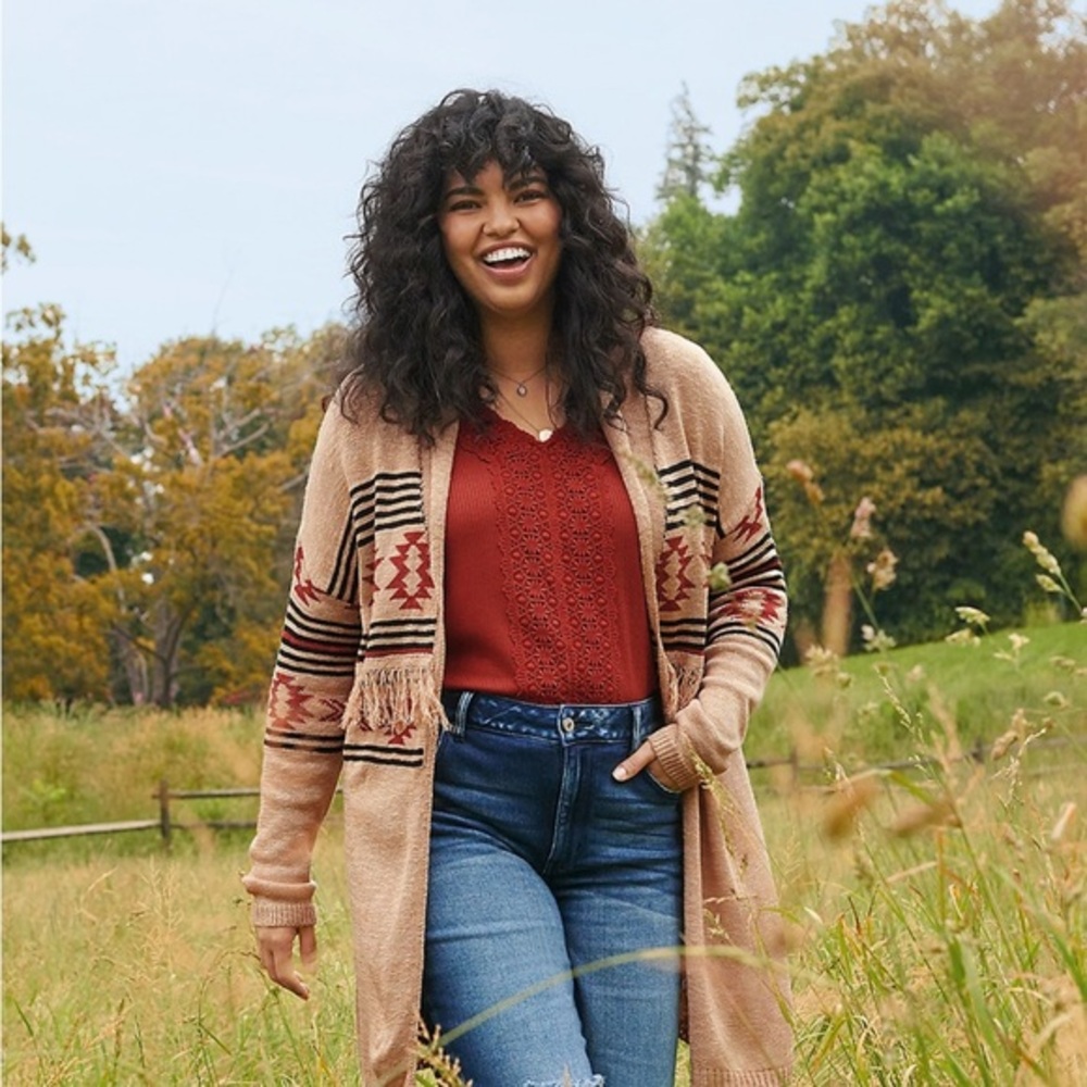 Maurices Beige and Burgundy Southwestern Cardigan